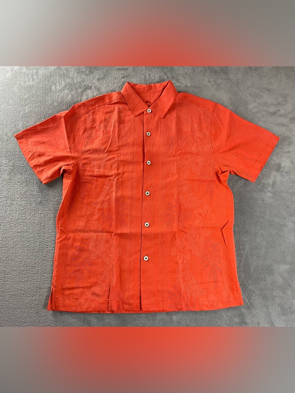 Tommy Bahama Silk Floral Hawaiian Shirt Size Large Relaxed Beach Vacation Orange